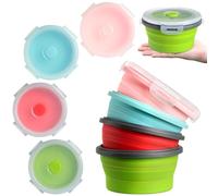 Suclain 4 Pcs Collapsible Bowls with Lids Silicone Camping Food Storage Container Expandable Folding Salad Lunch Box Travel Container for Hiking Camping(Red, Pink, Blue, Green,27 oz)