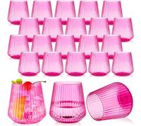 Suclain 50 Pcs Plastic Wine Glasses Ribbed Stemless Wine Glasses 14oz Vertical Design Unbreakable Cups for Outdoor Indoor Vintage Elegant Champagne Whiskey Cups for Party Wedding (Hot Pink)
