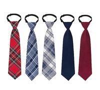 Sucrain 5pcs Boy's Necktie Pre-tied Adjustable Neck Strap Tie for Wedding Graduation School Uniforms, Grid, 11"