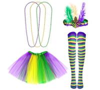 Sucrain 6 Pieces Mardi Gras Costume Accessory Set Tutu Skirt,Faux Feather Headband,3PCS Mardi Gras Beads,Stripe Long Socks for Women Carnival Party Outfit Supplies