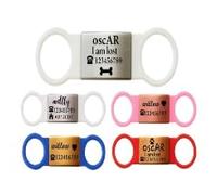 SUCRE Slide-On Laser Engraved Pet Tag - Personalised Dog Tag & Cat Tag | Silicone Made Dog Tags for Pets Engraved UK are Elastic Dog Tags, Essential Dog Accessories and Dog Stuff (M-White Band)