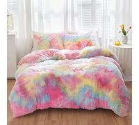 SUCSES Pink Faux Fur Girls Bedding Sets Full Size, 3 Pieces Plush Shaggy Fluffy Furry Duvet Cover Set, Colorful Rainbow Tie Dye Comforter Cover Set, Fuzzy Bedding Duvet Covers for Teens Girls