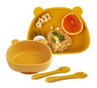 Suction Baby Plate and Bowl Set with Fork Spoon, Silicone Baby Led Weaning Supplies for Toddler Self Feeding, BPA Free Dishwasher and Microwave Safe (Yellow)