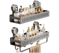 Suction Cup Shower Shelf Rustproof Bathroom Organiser with Hooks Towel Rack Drill Free Storage for Tiles Glass 30cm Grey(B 50cm)