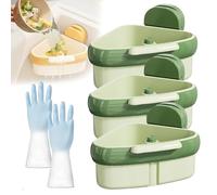Suction Cup Sink Corner Rack, 2025 New Upgraded Press Automatic Dumping Sink Strainer Basket Triangle Food Waste Catcher, Hanging Multi Functional Kitchen Storage Holder, Clog-Free (Green*3)
