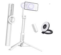 Suction Phone Tripod with Light & Wireless Remote, 55/67" Extendable Selfie Stick Tripods, 360° Rotation Phones Stand for Video Recording (55in-White+Light)
