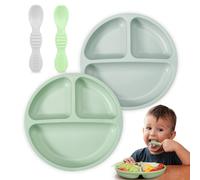 Suction Plates for Babies Weaning - 2-Pack Silicone Baby Plates with 2 Baby Spoons - Divided Plates for Toddlers and Kids Childrens - Unbreakable Baby Plates with Sections