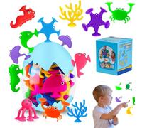 Suction Toys - Silicone Ocean Animal Bath Toys, No Hole Mold-Free Bathtub Toys for Kids Age 1 2 3, Travel-Friendly Sensory Toys with Eggshell Case, Stick-on Window Toy Party Favors
