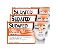 Sudafed Congestion & Headache Max Strength 16 Caps x 3 - Fast-Acting Relief for Sinus Pressure, Blocked Nose, Fever with Welari Thank You Card | (3 Pack)