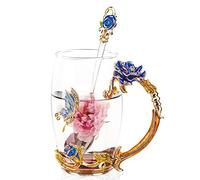 SudaTek Enamel Clear Glass Coffee Mug Tea Water Cup with Spoon Handmade Butterfly Rose Gift Set (Blue Rose Tall)