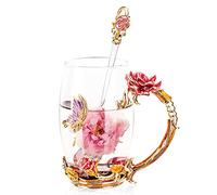 SudaTek Enamel Clear Glass Coffee Mug Tea Water Cup with Spoon Handmade Butterfly Rose Gift Set (Red Rose Tall)