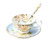 SudaTek Gift Set Vintage Fine Bone China Tea Cup Spoon and Saucer Set Gold Trim Fine Dining and Table Décor (Blue Rose)