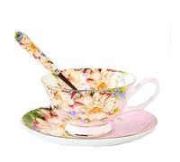SudaTek Gift Set Vintage Fine Bone China Tea Cup Spoon and Saucer Set Gold Trim Fine Dining and Table Décor (Pink Rose)