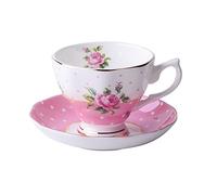 SudaTek Gift Set Vintage Fine Bone China Tea Cup Spoon and Saucer Set Gold Trim Fine Dining and Table Décor (Wave Rose Pink)