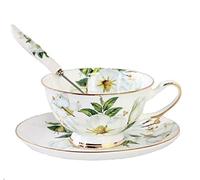 SudaTek Gift Set Vintage Fine Bone China Tea Cup Spoon and Saucer Set Gold Trim Fine Dining and Table Décor (White Camellia)