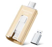 SUDEHO MFi Flash Drive 512GB, 3-in-1 USB-C Stick for Apple & Android, Gold | MFi Certified Memory Stick, Lightning, USB-C & USB-A Adapter, Photo & Video Backup, Fast Data Transfer, Easy File Storage