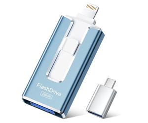 SUDEHO USB Stick 256GB for iPhone, MFi Certified Lightning Memory Stick Stable Data Transfer, 4-in-1 Flash Drive for iPhone/iPad/Android/PC, Easily Back Up and Save Files, AshBlue