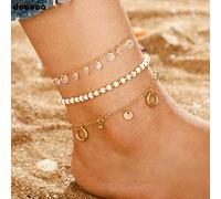 Sudemota anklet 3pcs Boho Shiny Crystal Anklet Bracelet Multilayer Sequin Strand Bead Elastic Foot Chain for Women Beach Jewelry