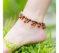 Sudemota anklet Four Colors Natural A gate or Chalcedony Hanging Antique Copper Bells Anklet Bracelet for Feet Ethnic Jewelry (Color : Red)