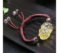 Sudemota Bracelet Natural Feng Shui Crystal Bracelet 7A Lucky Pixiu Charm Balance Bracelet Yellow Quartz Clear Quartz Braided String Rope Amulet Attract Money Prosperity Luck,Red (Color : Brown)
