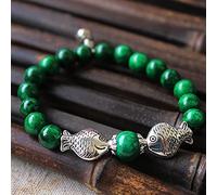 Sudemota Bracelet Natural Feng Shui Jade Bracelet Tibetan Silver Lucky Wu Lou and Double Fish Charm Green Emerald Beaded Bracelet Vacation Jewelry Amulet Attract Money Prosperity Luck