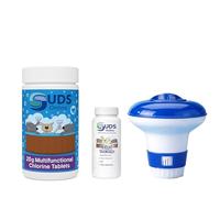 SUDS-ONLINE 50 x 20g Multifunctional Chlorine Tablets + 50 Test Strips + Floating Dispenser for Pools Spa Hot Tub