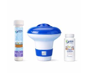 SUDS-ONLINE Small Dispenser with 10 Multifunctional Chlorine Tablets 20g + Test Strips