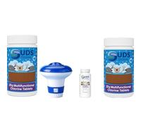 SUDS-ONLINE Small Dispenser with 100 Multifunctional Chlorine Tablets 20g + Test Strips