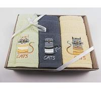 Sue Rossi Ltd 100% Turkish Cotton Tea Towels Embroidered Animal Cooks Cloth 3 Pack Kitchen Towel Gift Box Set Set (Cats)