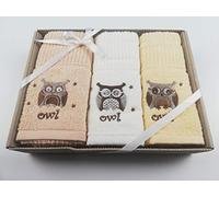 Sue Rossi Ltd 100% Turkish Cotton Tea Towels Embroidered Animal Cooks Cloth 3 Pack Kitchen Towel Gift Box Set Set (Owls)