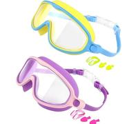 SueaLe 2Pcs Kids Swimming Goggles For Children Wide View Leakproof Swim Goggle With Nose Clip Earplugs For Boy Girl Teen Large Frame Swimming Goggles Children