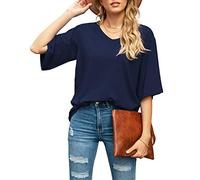 SUEANI Women's Blouse Tops Loose V Neck 3/4 Bell Sleeve Shirt, A- Navy Blue, L