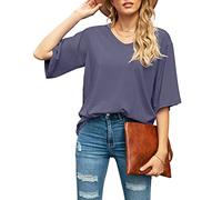 SUEANI Women's Blouse Tops Loose V Neck 3/4 Bell Sleeve Shirt, A- Purple Gray, L