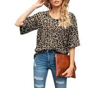 SUEANI Women's Blouse Tops Loose V Neck 3/4 Bell Sleeve Shirt, B- Fp Leopard Khaki, L