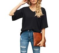 SUEANI Women's Blouse Tops Loose V Neck 3/4 Bell Sleeve Shirt(Large, Black)