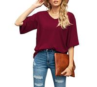 SUEANI Women's Blouse Tops Loose V Neck 3/4 Bell Sleeve Shirt(Large, Wine red)