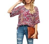 SUEANI Women's Clothes Blouse Tops Loose V Neck 3/4 Bell Sleeve Shirt, Large, FP Cashew red