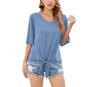 SUEANI Women's Tie Front Tops Summer V Neck 3/4 Bell Sleeve Twist Knot T Shirts, Vg Denim Blue, M