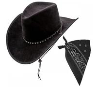 Suede and Star Studs Texan Cowboy or Cowgirl Hat + Bandana Set : Adult Unisex Western Wild West Rodeo Barn Dance Hen Stag Night Music Festival Pop Tour Fancy Dress Accessory (BLACK Hat & Bandana)