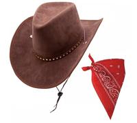 Suede and Star Studs Texan Cowboy or Cowgirl Hat + Bandana Set : Adult Unisex Western Wild West Rodeo Barn Dance Hen Stag Night Music Festival Pop Tour Fancy Dress Accessory (BROWN Hat & RED Bandana)