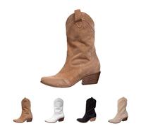 Suede Ankle Boots for Women Wide Fit Chunky Low Heel Booties with Side Zipper Retro Mid Calf Boots Comfortable Slip On Walking Shoes Casual Lightweight Short Cowgirl Cowboy Boot Brown