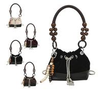 Suede Beaded Drawstring Bucket Bag, Bucket Bag Suede Beaded Drawstring, Vintage with Chain Strap Crossbody, Lightweight Shoulder Purse for Women(Black)