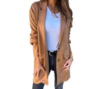 Suede Blazer for Women Long Button Up Business Jacket Faux Leather Trench Coat with Notched Lapel Winter Pea Overcoat(Brown,Large)