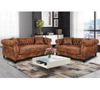 Suede Brown Faux Leather 3 + 2 Seater Chesterfield Sofa Set For Living Room Richmond