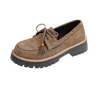 Suede Chunky Sole Loafers for Women Slip On Round Toe | Wide Fit Tassel Wooden Bead Anti-Skid Soft Comfy Fashion Vintage Pumps Dress Shoes Office Party