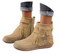Suede Fringe Ankle Boots Cowboy Western Boho Round Toe Low Heel Retro