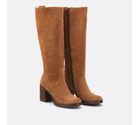 Suede Heeled Calf Boots with Square Toe Brown