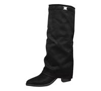 Suede Hiking Boots Women, Fold Over Slouchy Knee High Boots Women Faux Suede Chunky Block High Heel Pointed Toe Pull On Riding Biker Boot Western Style Long Shoes Ladies Dress Tall Footwear Black