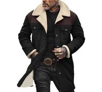 Suede Jacket for Men Stylish Casual Fuzzy Fleece Lined Trench Coats Mid-Length Zip Up Long Sleeve Outerwear Black