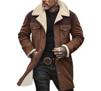 Suede Jacket for Men Stylish Casual Fuzzy Fleece Lined Trench Coats Mid-Length Zip Up Long Sleeve Outerwear Khaki